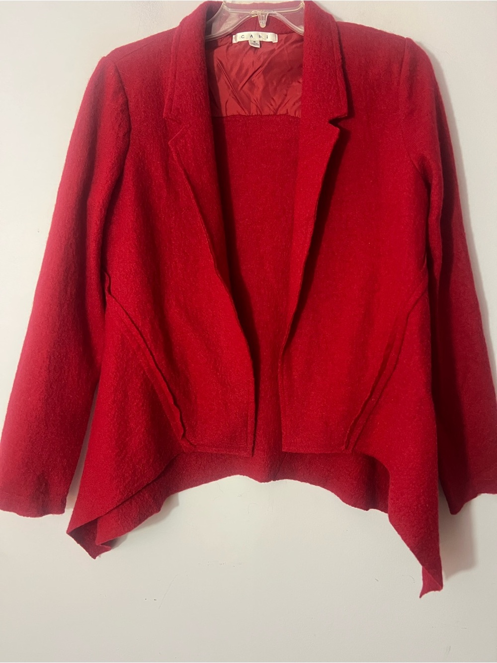 CAbi Red Boiled Wool Jacket Women’s Small Asymmetrical Open Front Style 628
